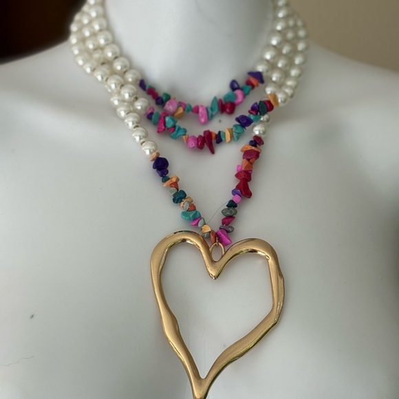 Gold Heart Pendant with Multicolor Beads Necklace - Picture 1 of 8